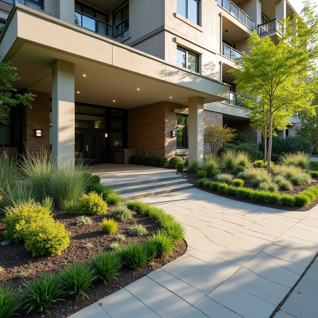 Residential building entrance with professional landscaping and maintained green areas