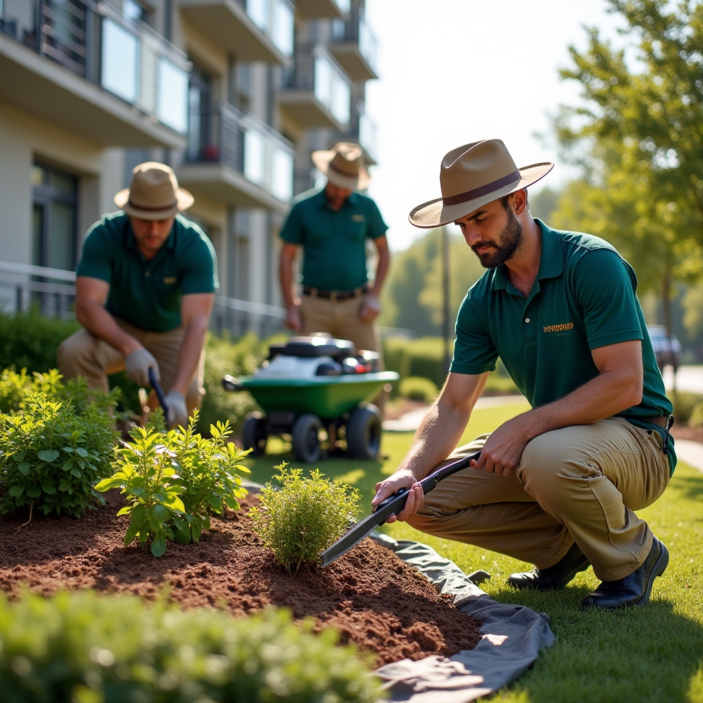 Professional maintenance crew working on residential building landscaping with proper equipment