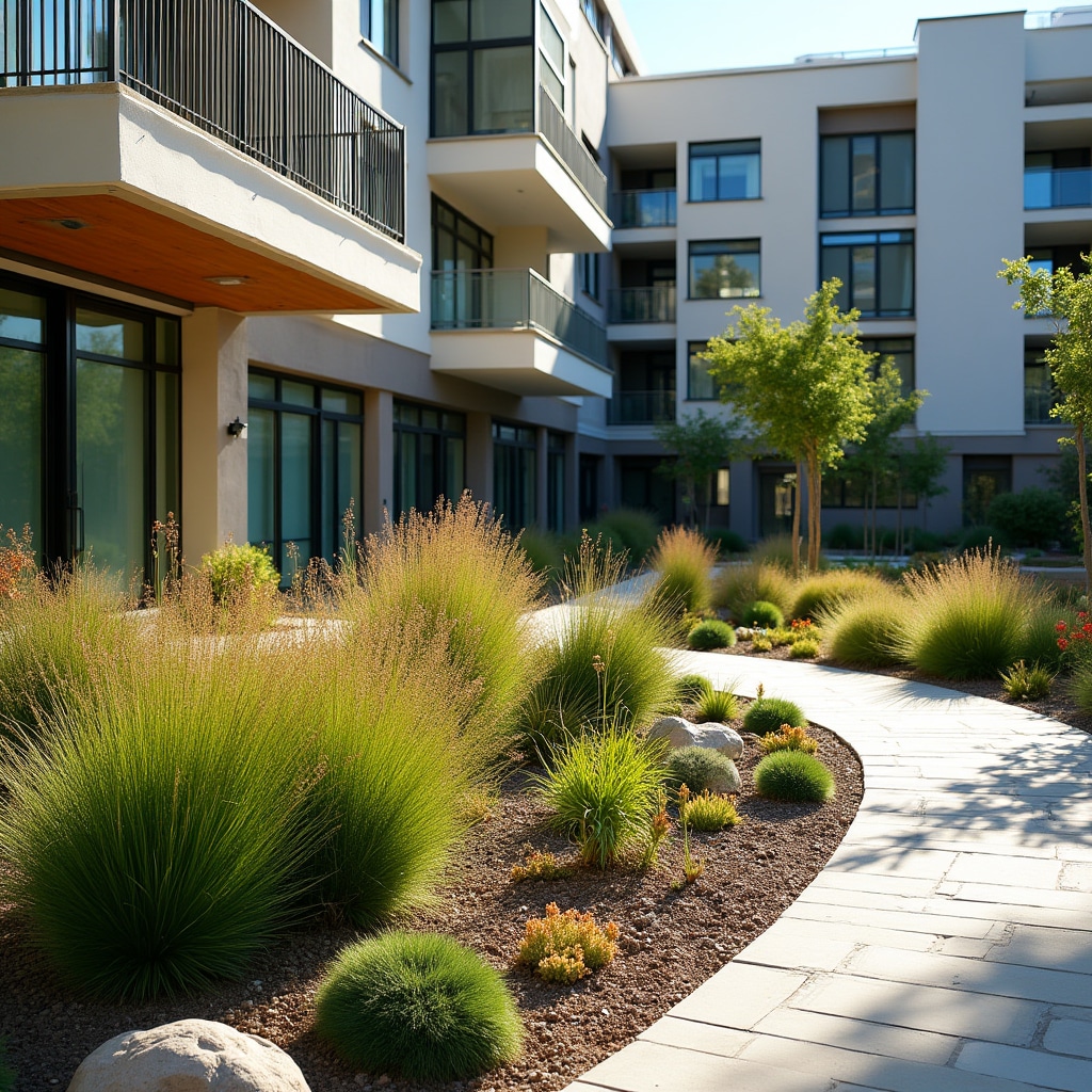 Modern residential building with well-maintained green spaces and landscape design