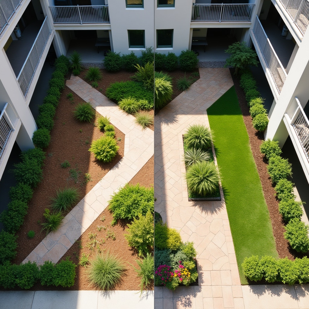 Before and after transformation of residential building courtyard with new landscaping