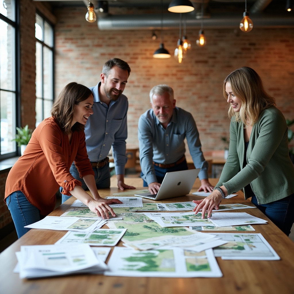 Denlixo team members reviewing landscape design plans and plant selection charts